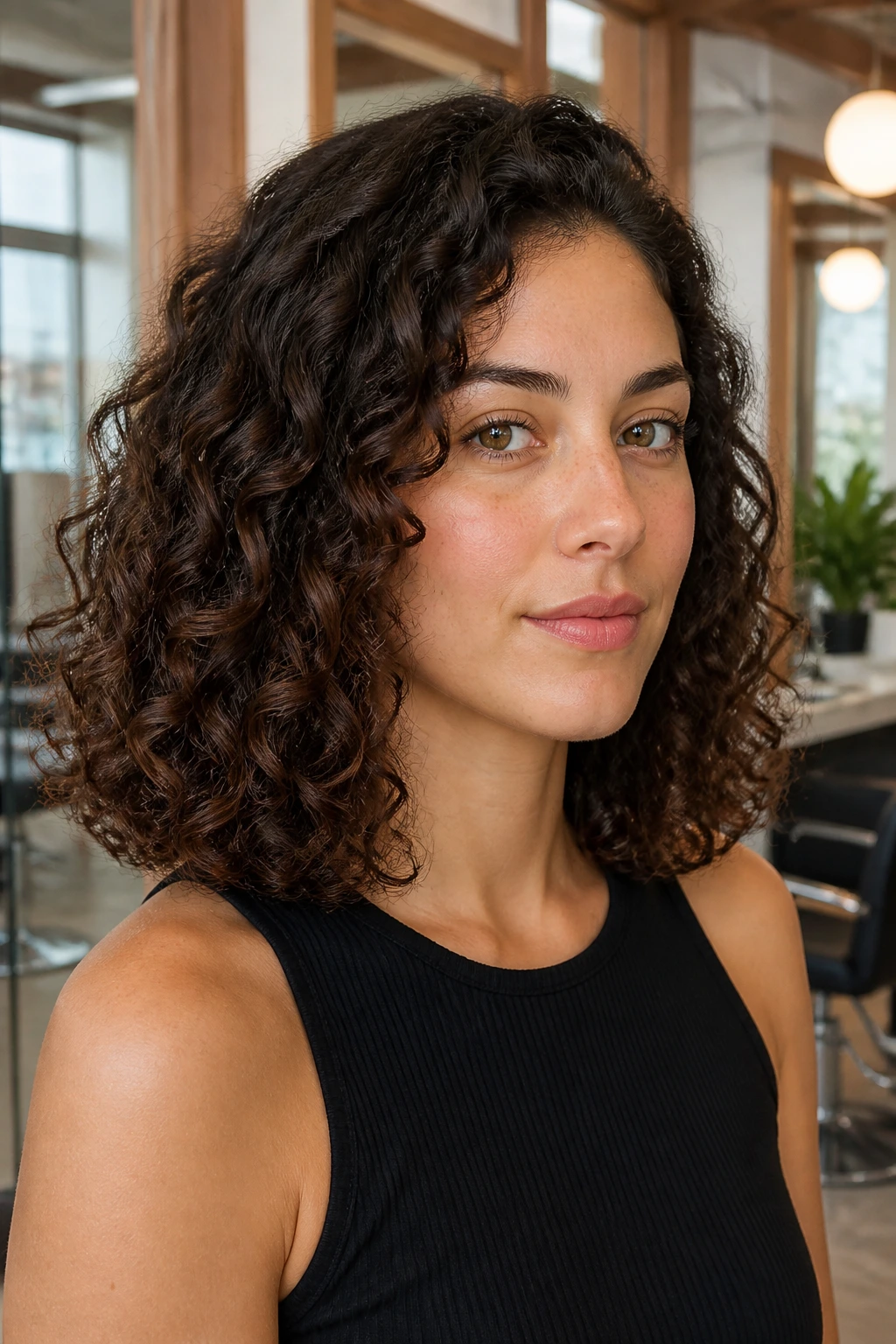 Real woman with shoulder-grazing one-length cut on thick curls