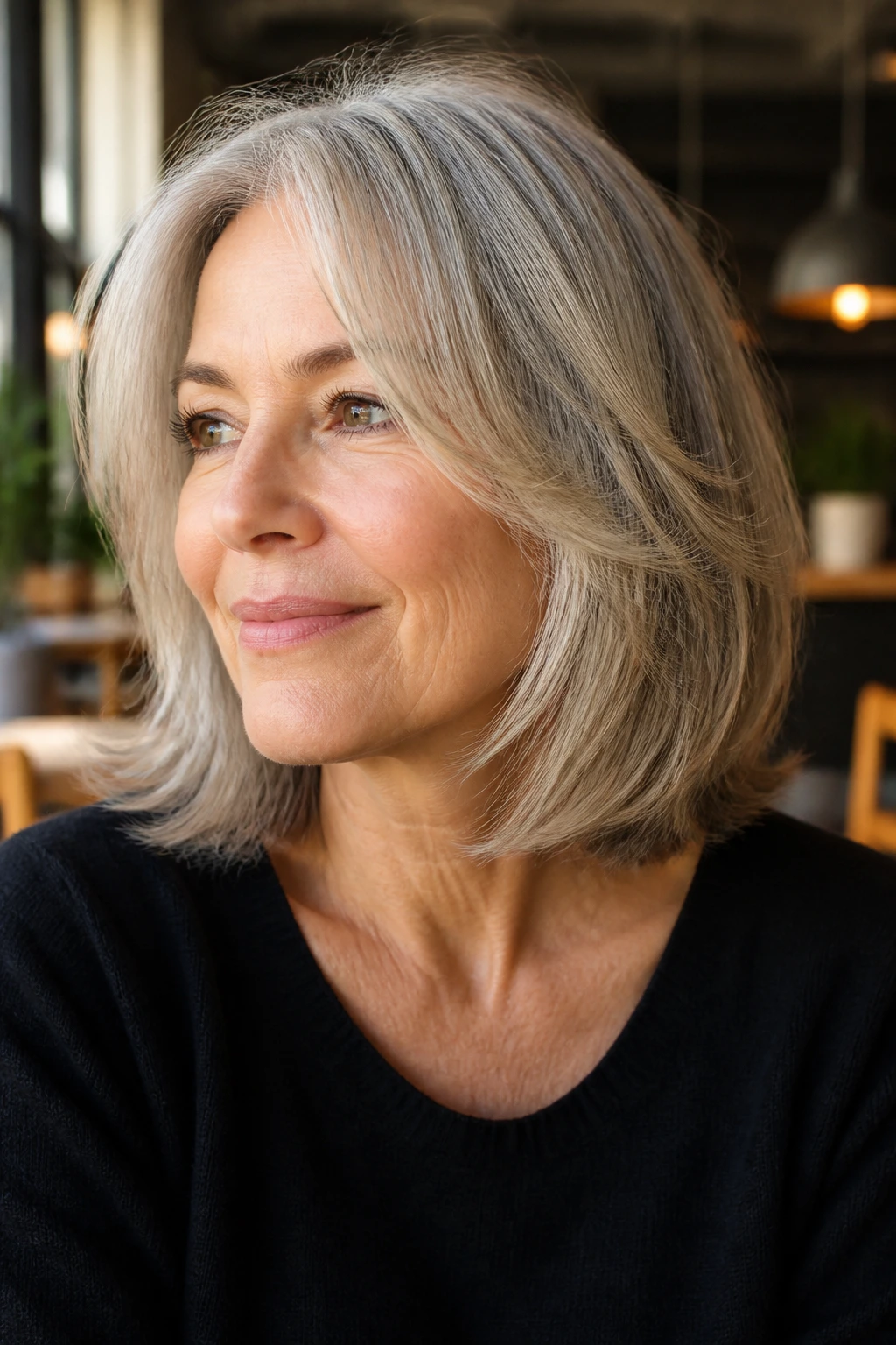 Close-up of a real woman with shoulder-grazing haircut and face-framing layers