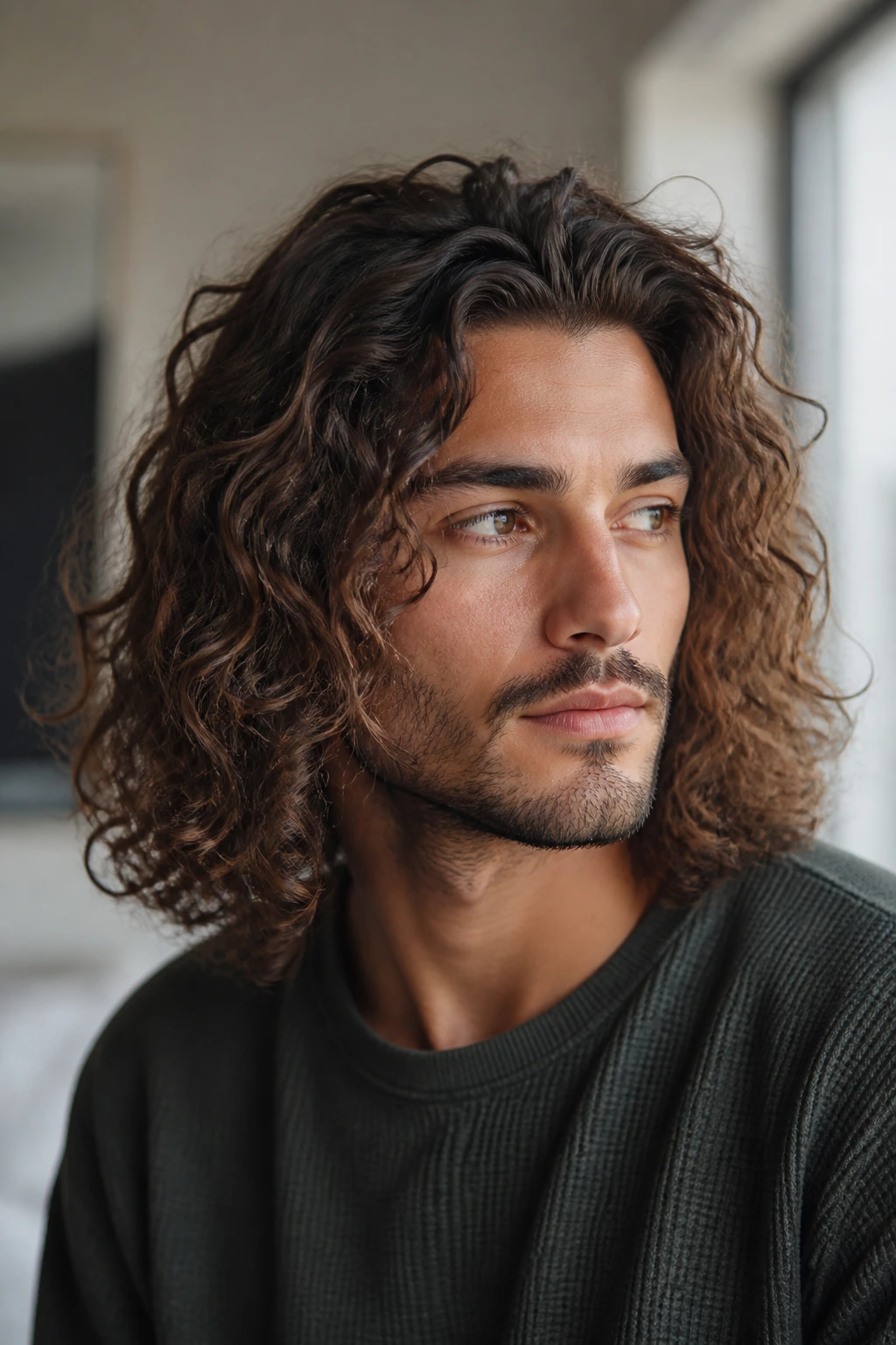 Man with shoulder-grazing curls forming a soft frame around the face.