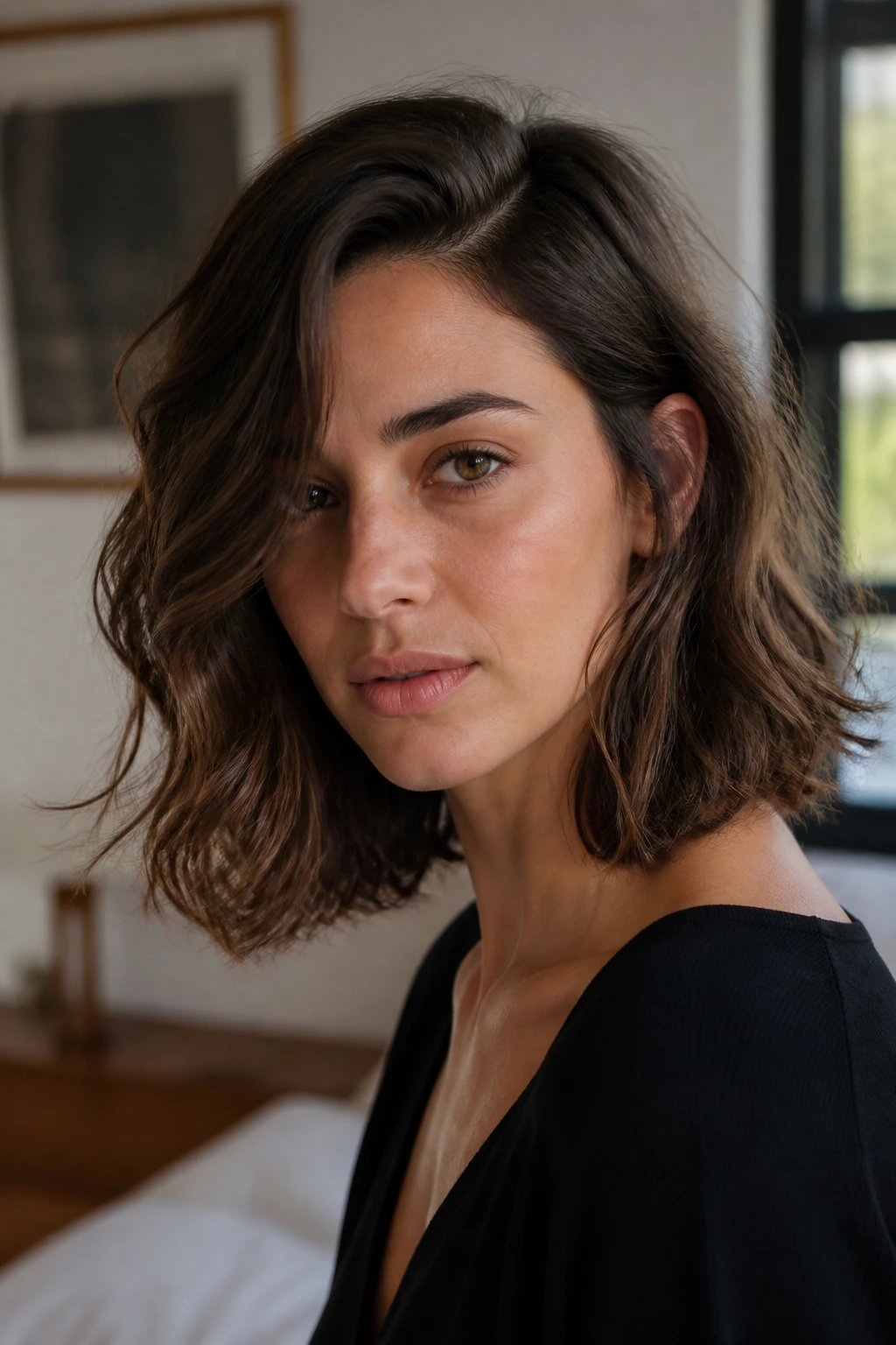 Close-up portrait of a real person with shoulder-grazing Italian bob and deep side part