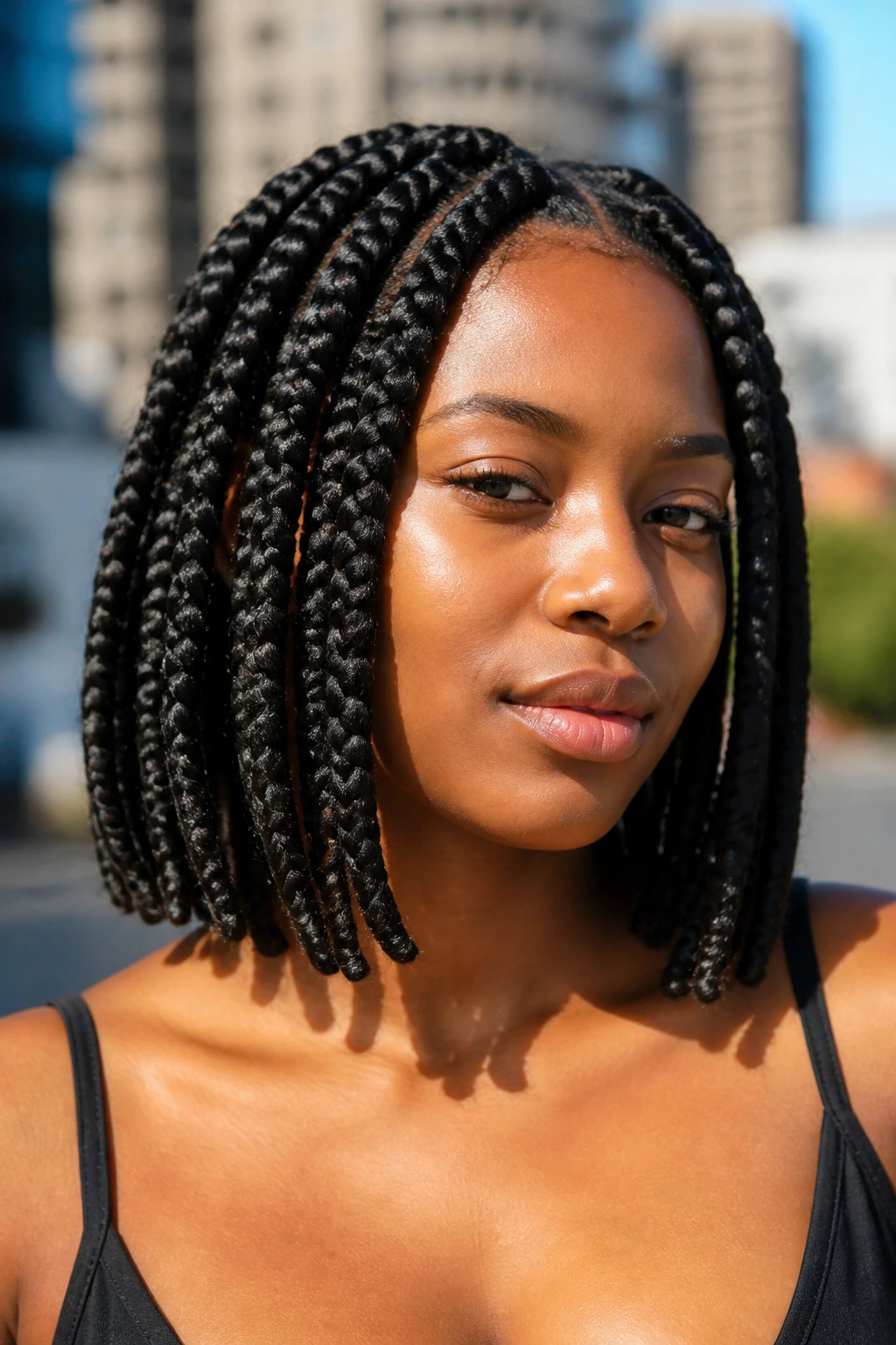 Portrait of a woman with shoulder-grazing jumbo box braids