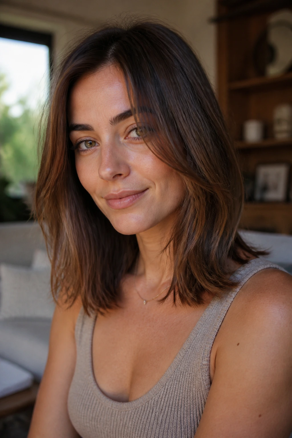 Close-up portrait of a real woman with shoulder-length layered hair