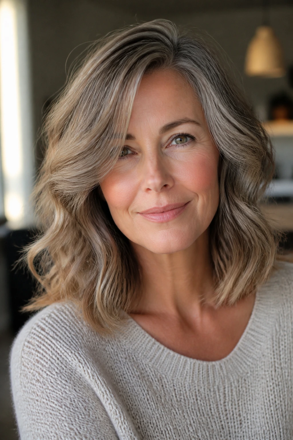 Shoulder-grazing lob with soft side part on a real woman
