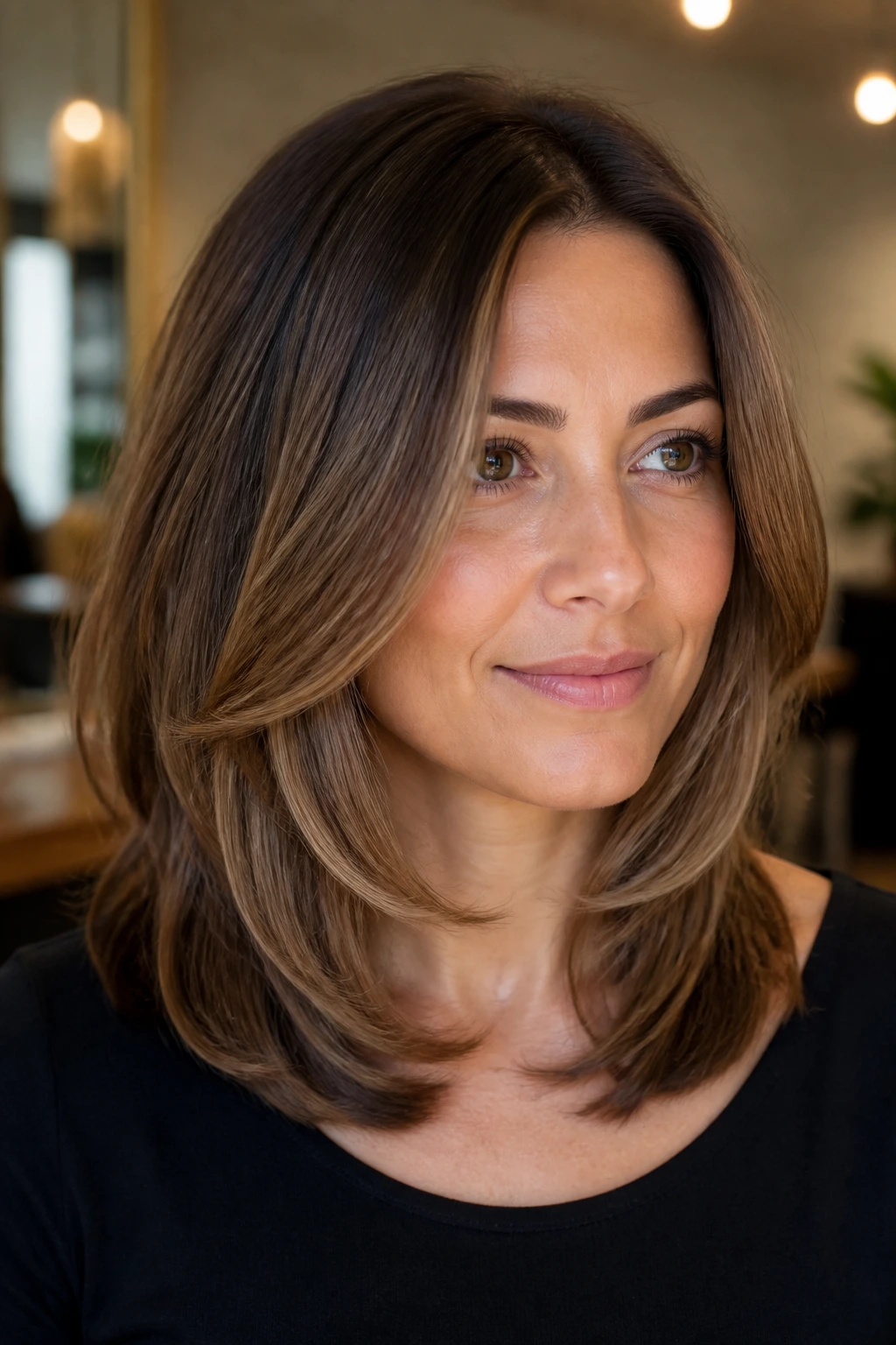Close-up of a real woman with shoulder-grazing hair and soft U-shaped layers in warm window light