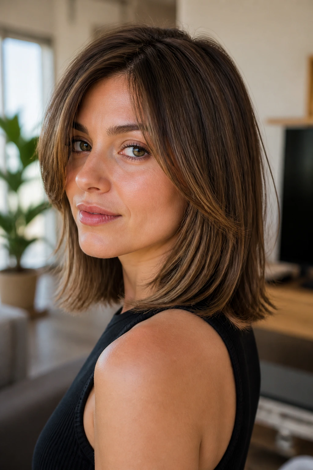 Close-up of a real woman with shoulder-grazing layers and a clean line.