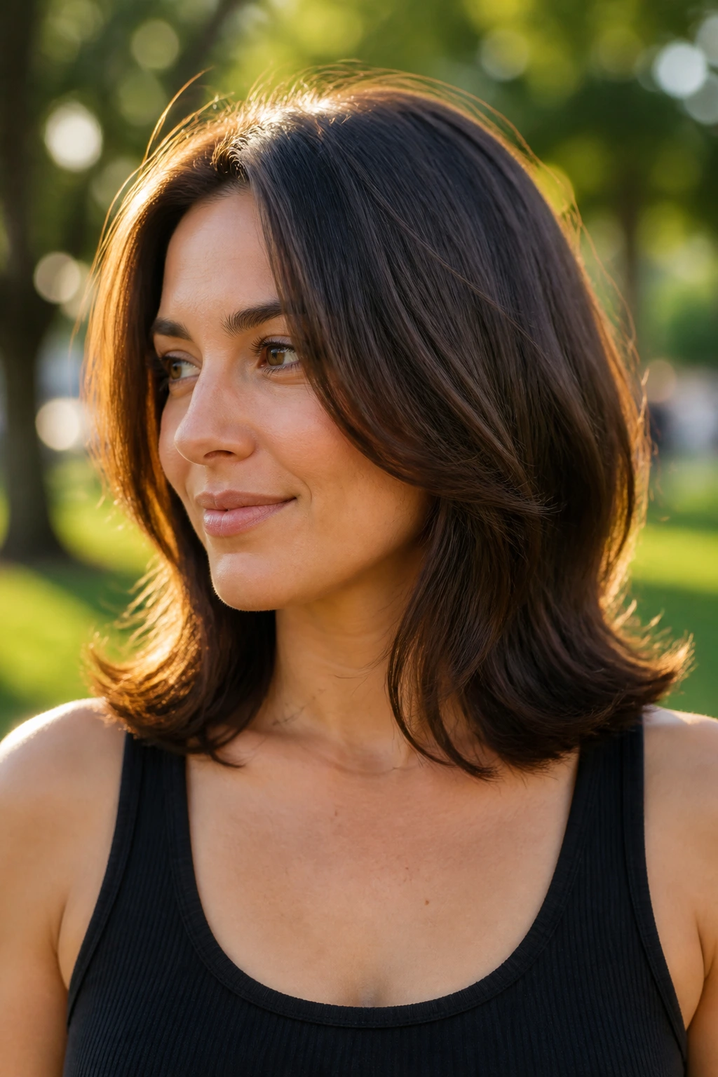 Real person with shoulder-grazing layers and flipped ends in natural light