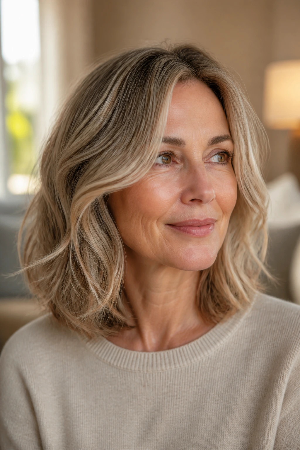 Portrait of a real woman with shoulder-length wavy hair and soft layering