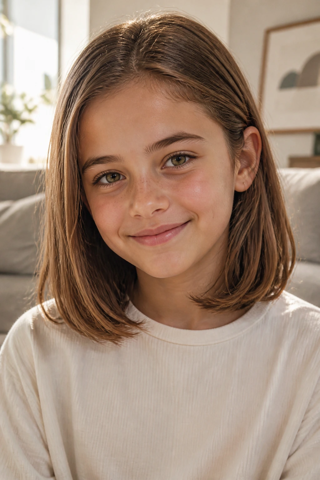 Close-up of a real child with a shoulder-grazing lob in a cozy living room