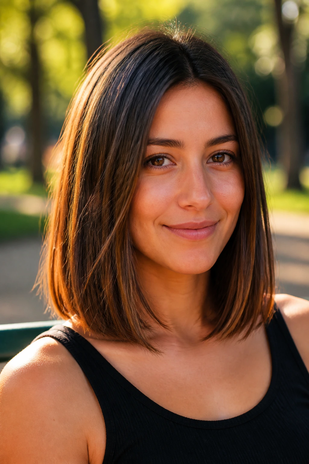 Close-up portrait of a real woman with a shoulder-grazing lob on a sunny day outdoors