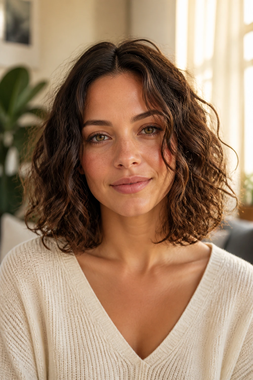 Close-up of a real woman with a shoulder-grazing curly bob in warm window light