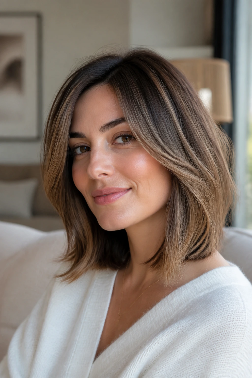Portrait of a woman with shoulder-grazing lob and face-framing layers.