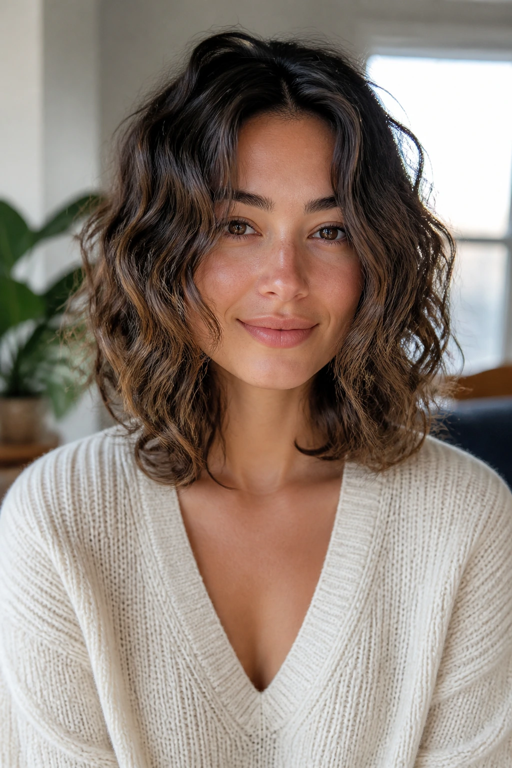 Medium close-up of a real person with shoulder-grazing lob and scrunched waves