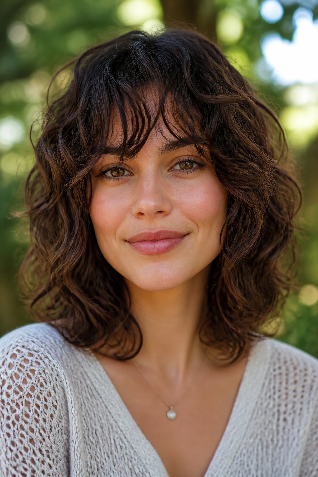 Close-up of a real woman with shoulder-grazing cut and micro-layers in a park