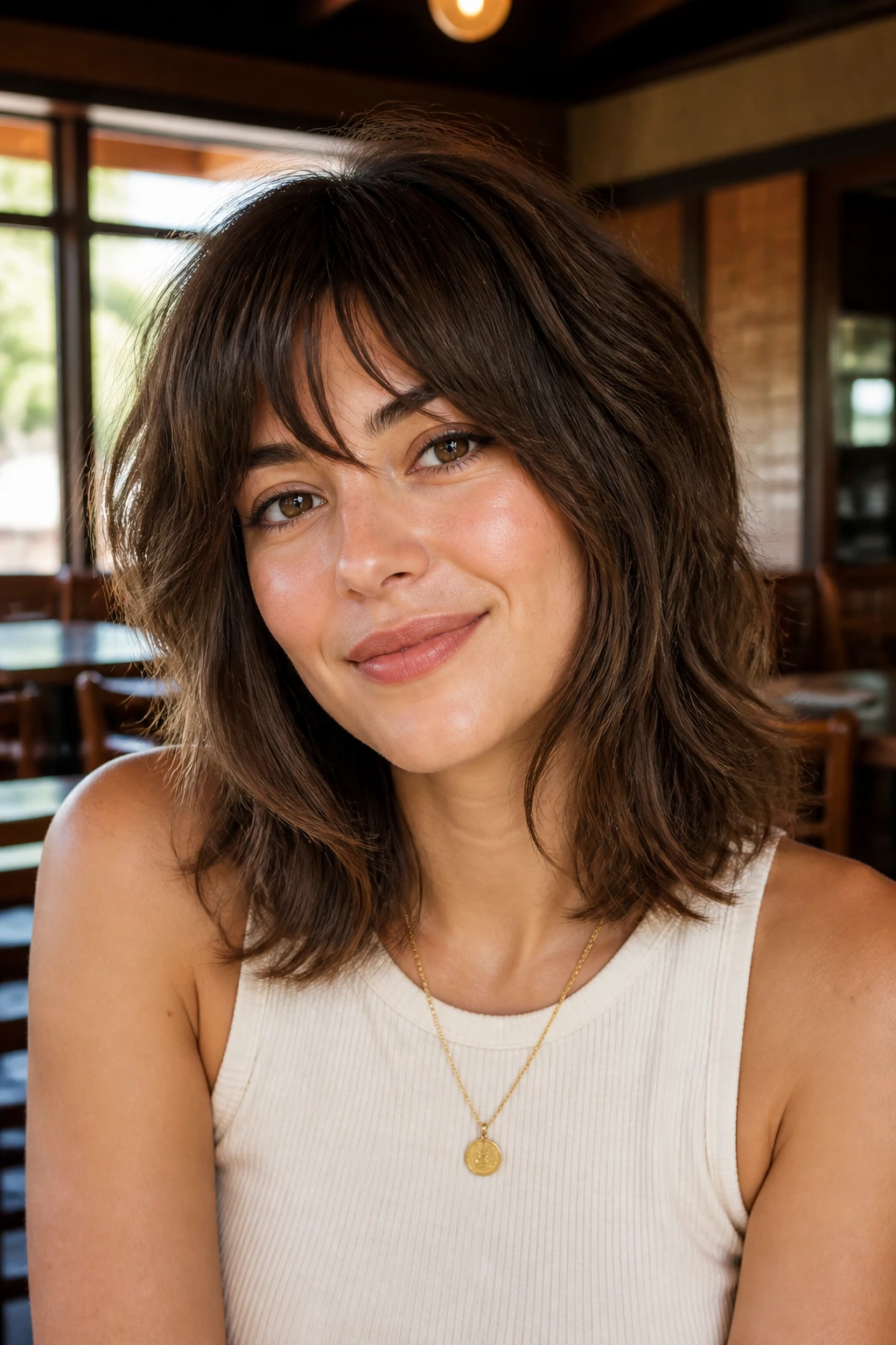 Close-up of real woman with shoulder-grazing retro shag in a warm cafe setting