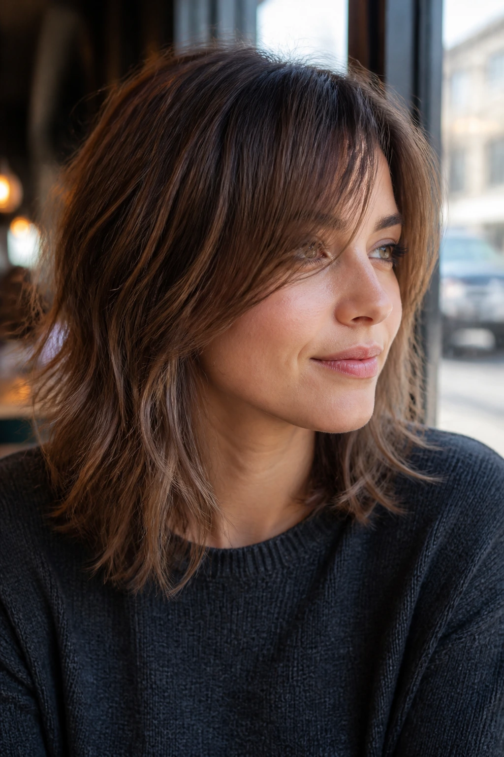 Real person with shoulder-grazing shag and airy side fringe in sunlit cafe setting.