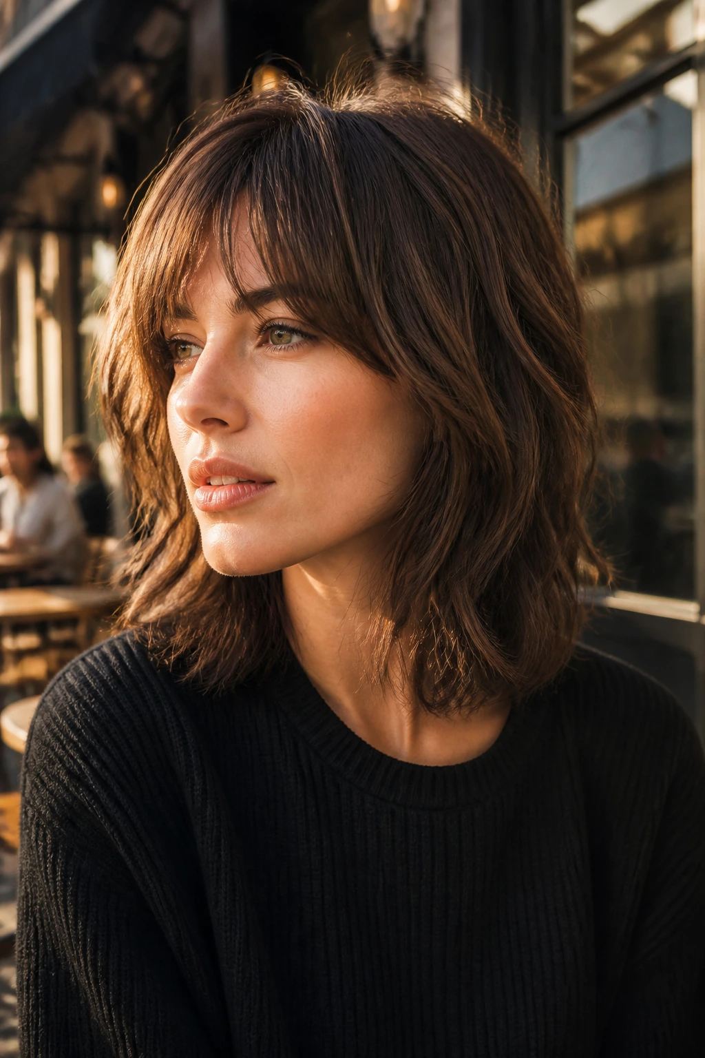 Portrait of a real woman with shoulder-grazing shag hairstyle