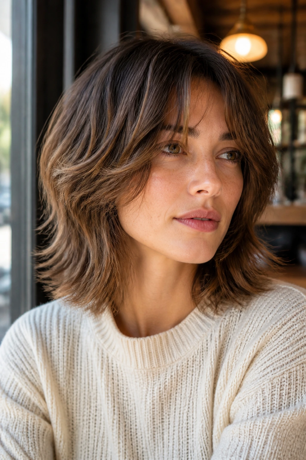 Portrait of woman with shoulder-grazing shag in cafe window light