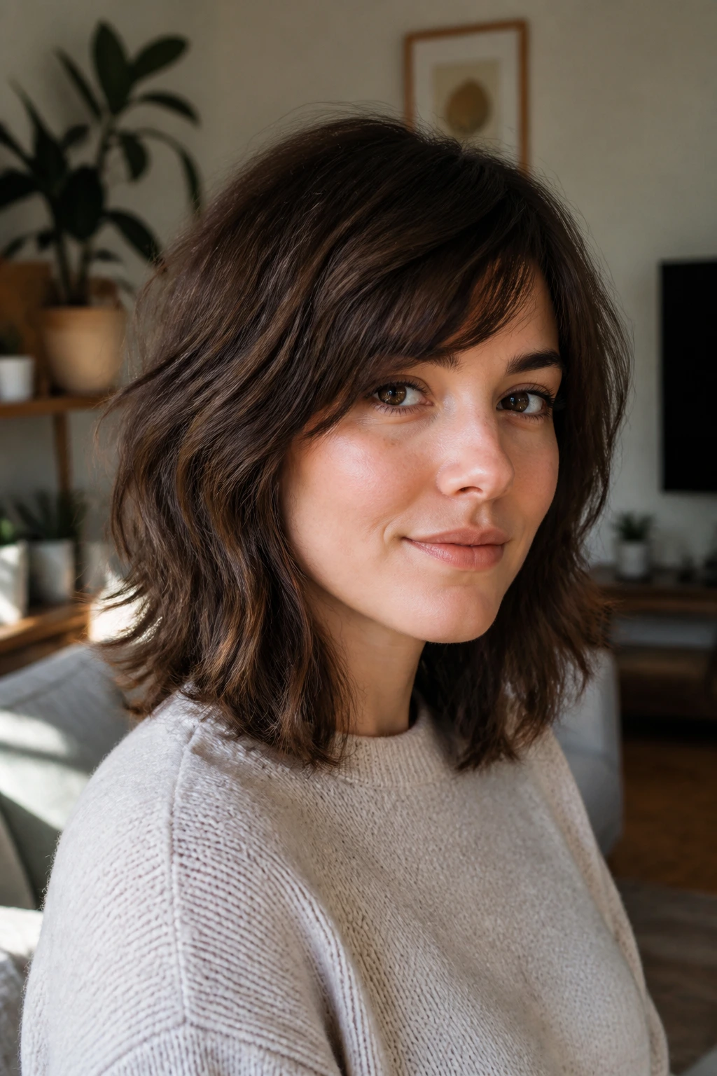 Portrait of a real person with shoulder-grazing shag and soft side fringe.