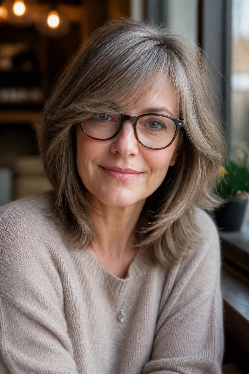 Close-up of a woman with shoulder-grazing shag and side-swept fringe.