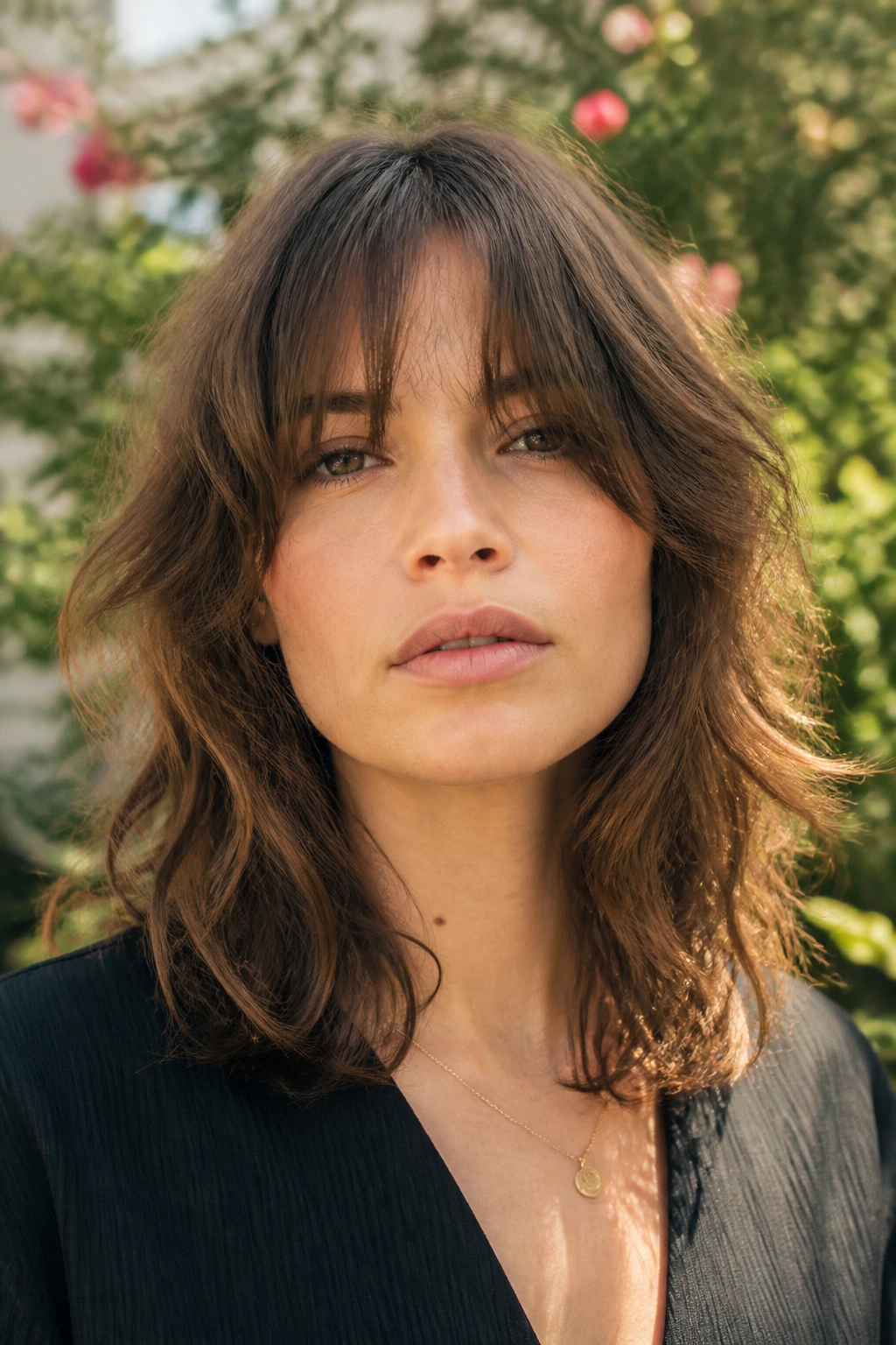 Portrait of a woman with shoulder-grazing long shag and split fringe.