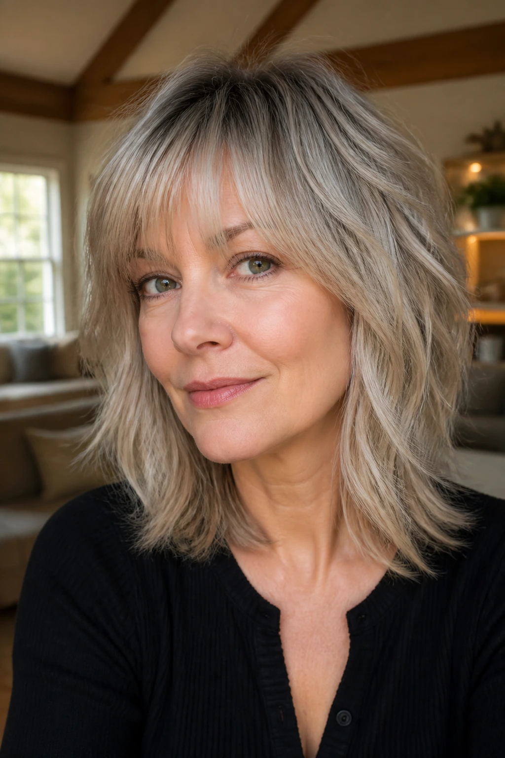 Close-up of a real woman with shoulder-grazing shag and wispy bangs in warm window light