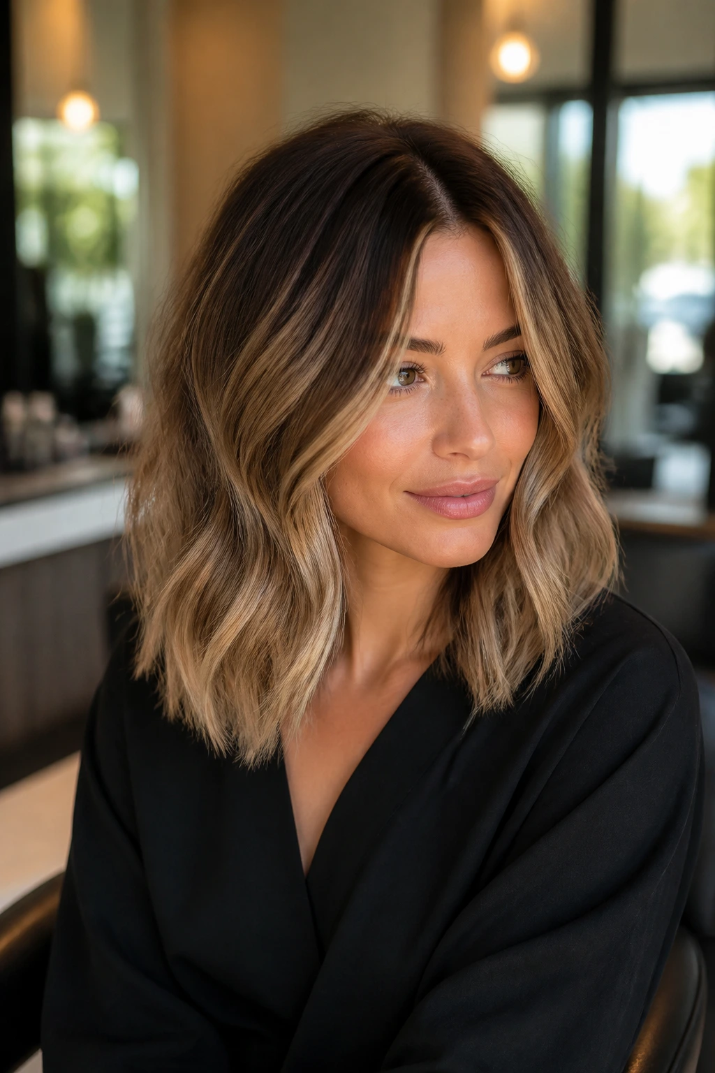 Close-up of a real woman with shoulder-length balayage highlighting around the face.