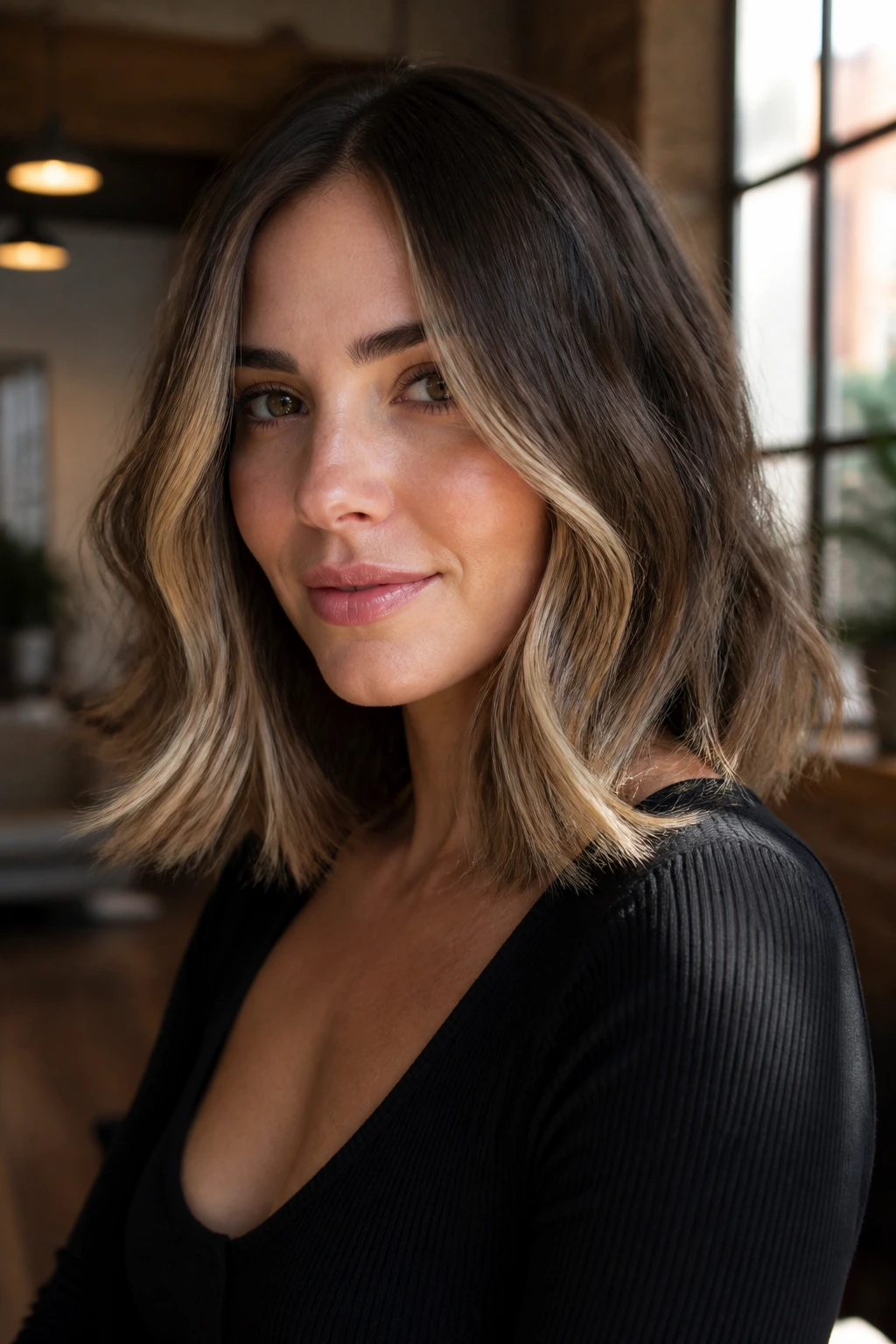 Close-up portrait of a real woman with shoulder-length balayage highlighting around the face in warm window light