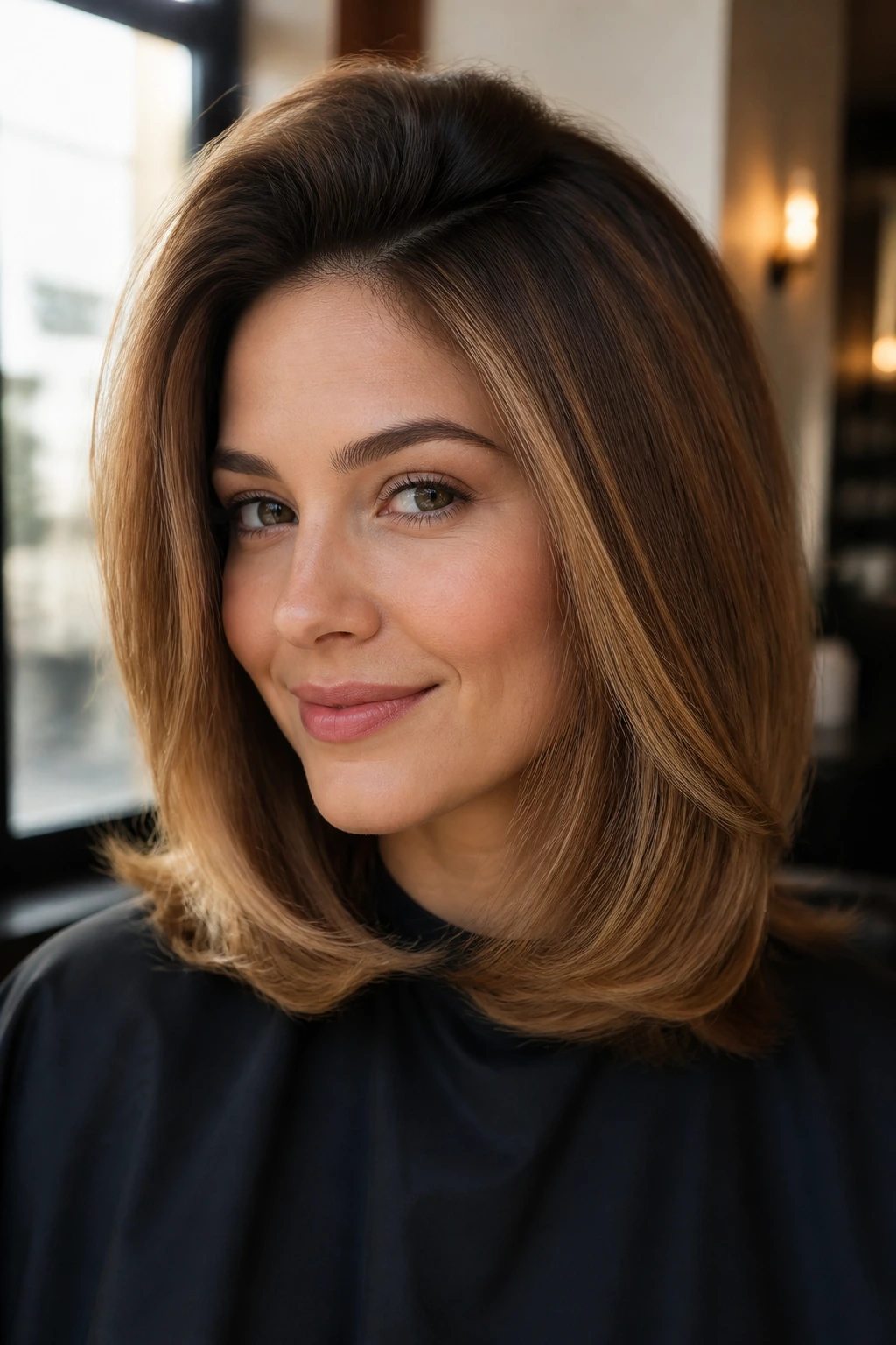 Close-up portrait of a real woman with shoulder-length blowout showing crown lift