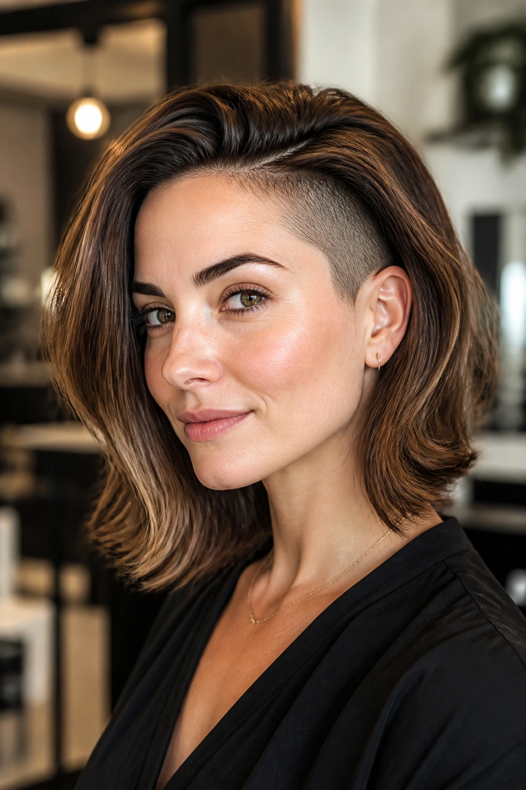 Portrait of a woman with shoulder-length blowout and soft temple shave