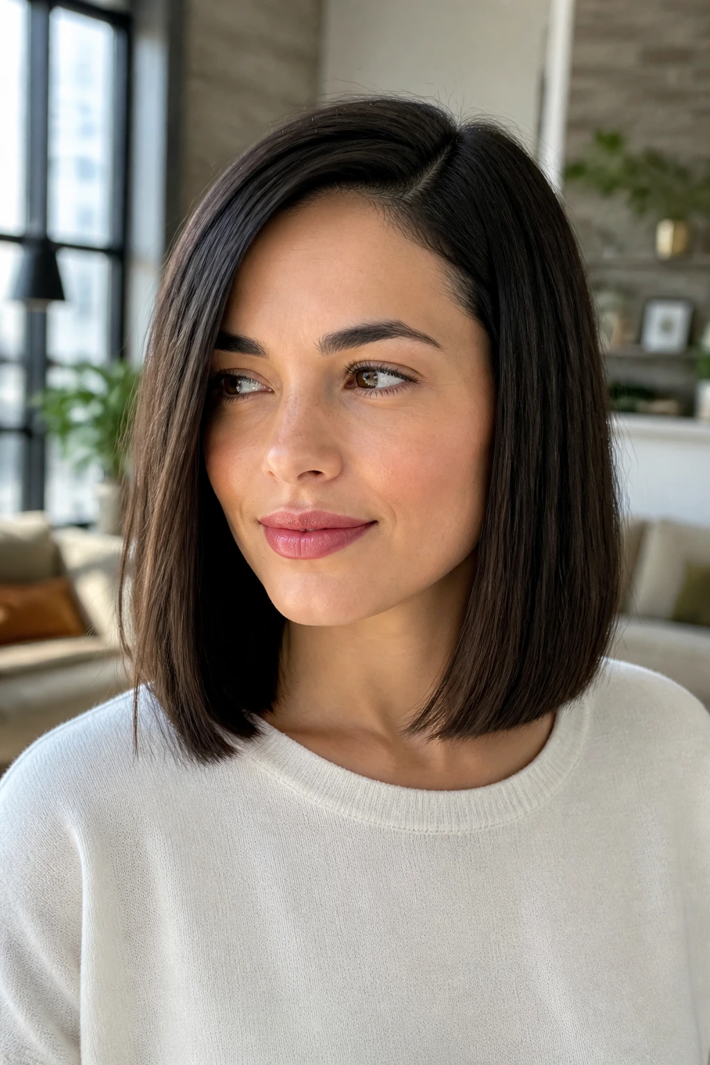 Close-up of a real woman with shoulder-length blunt cut and off-center part