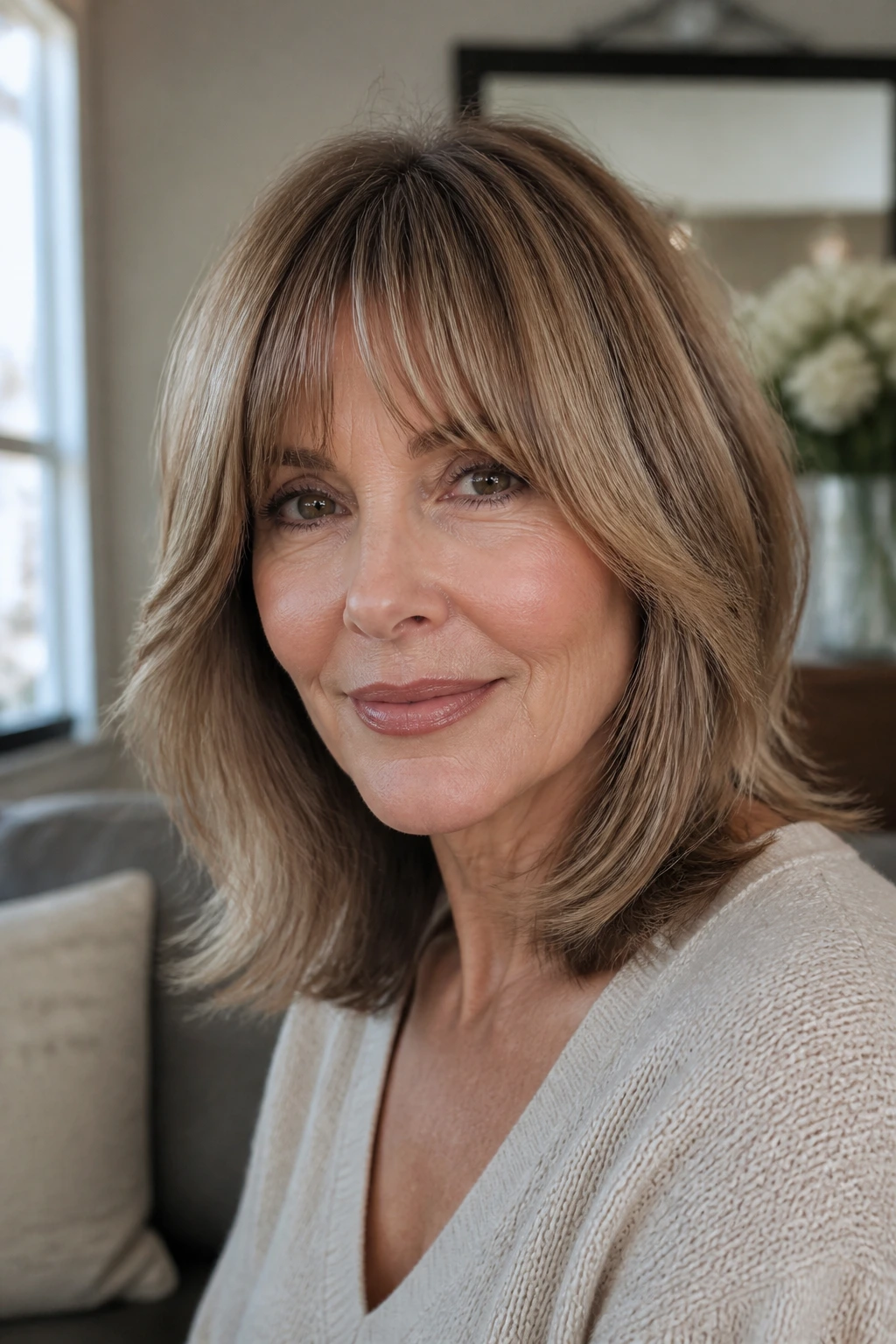 Close-up of a real woman with shoulder-length hair and bottleneck bangs in natural light