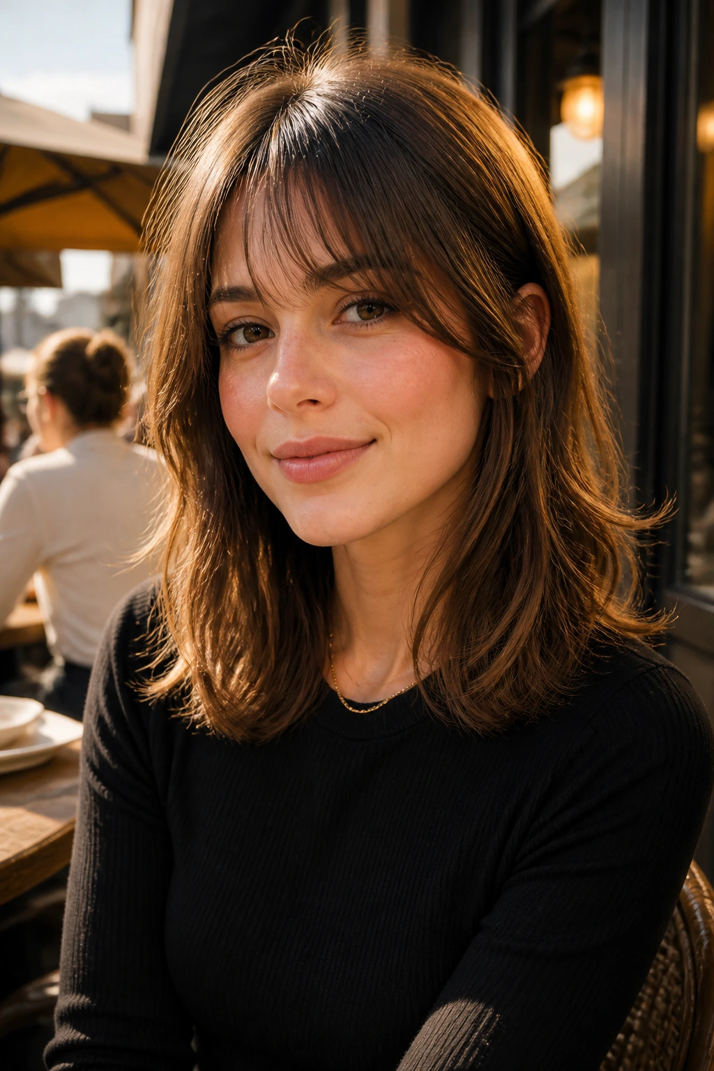 Close-up of person with shoulder-length cut and bottleneck bangs in warm street light