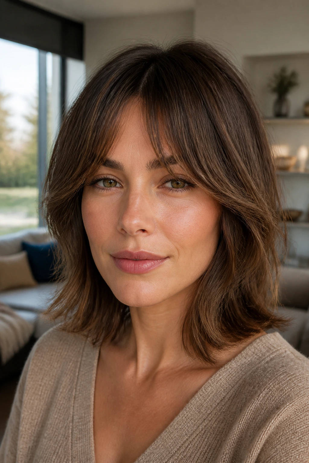 Close-up of a real woman with shoulder-length hair and bottleneck bangs.