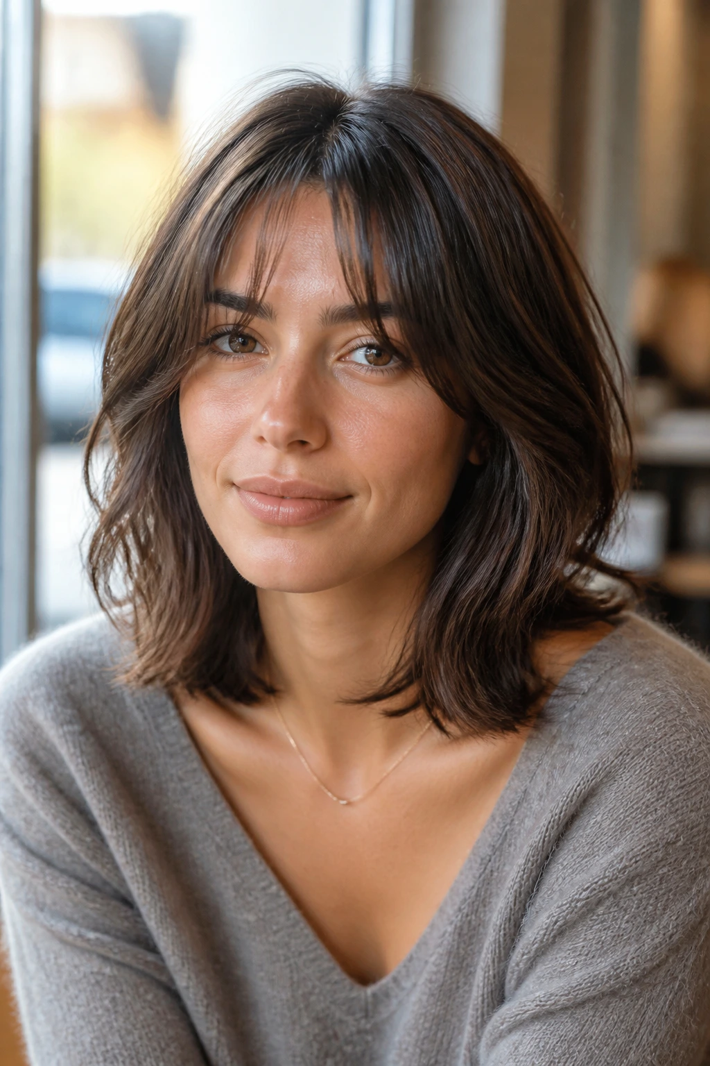 Close-up of a real woman with shoulder-length hair and bottleneck bangs