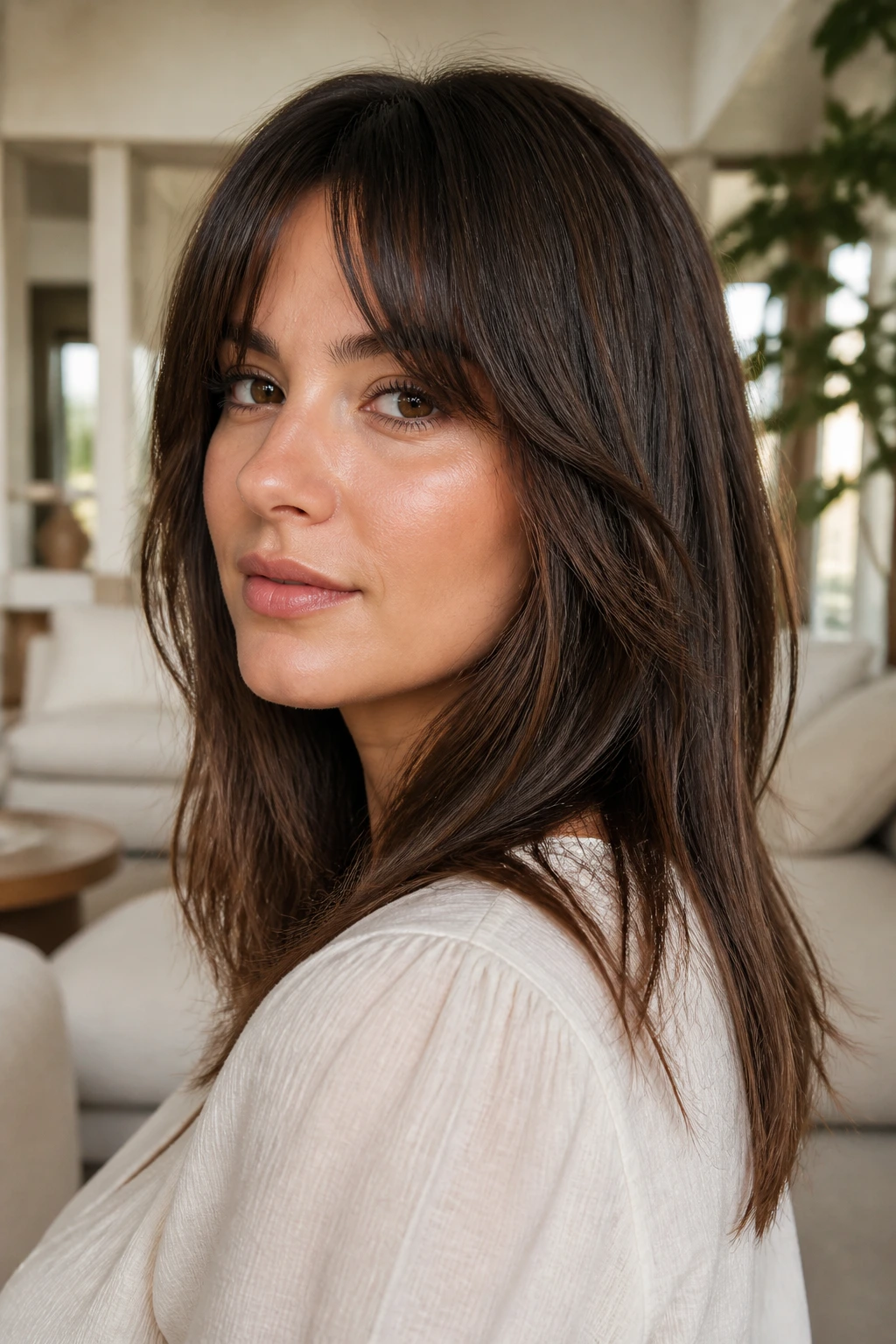 Close-up of shoulder-length bottleneck bangs with long layers on a real person