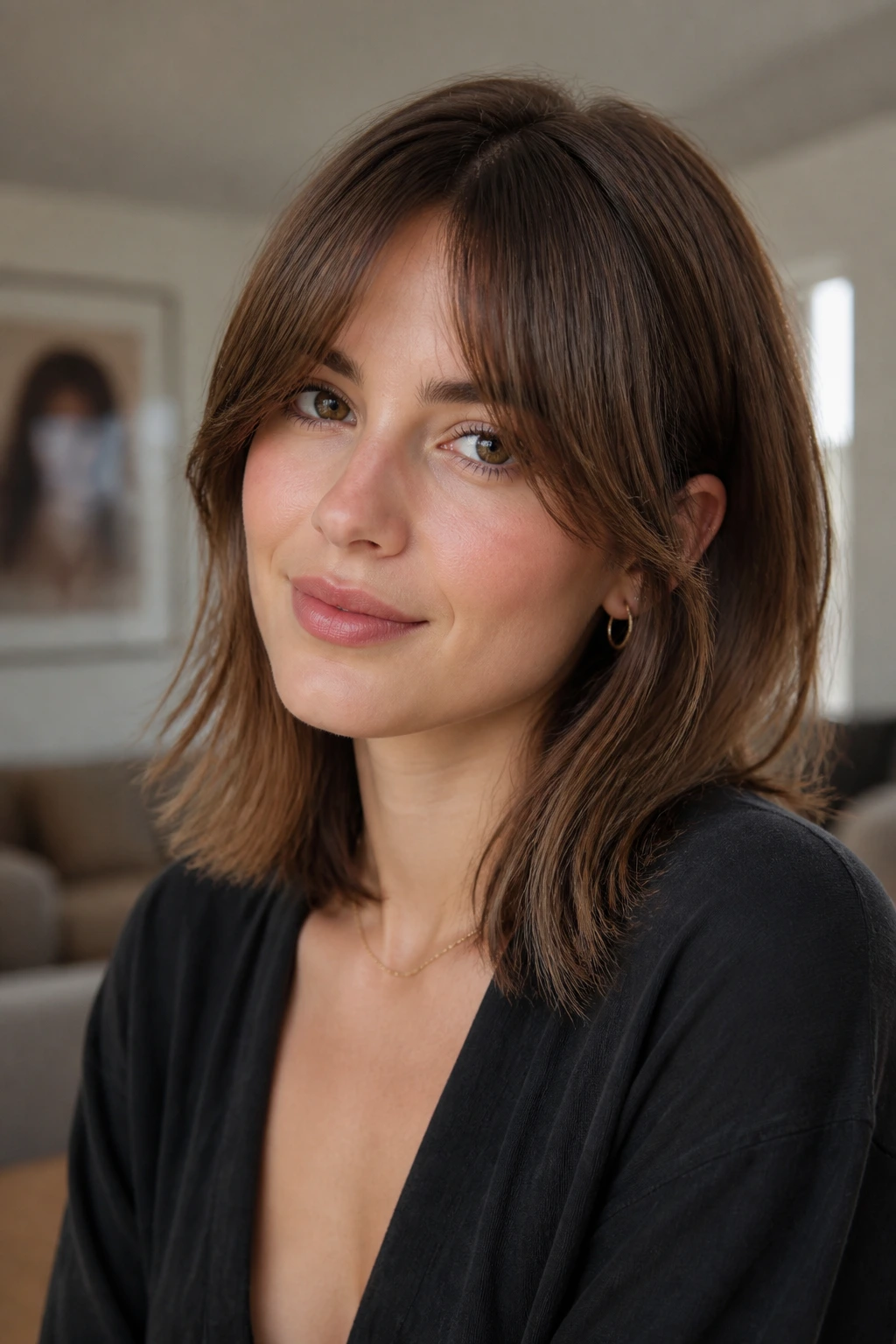 Close-up portrait of a woman with shoulder-length hair and bottleneck bangs framed by warm window light