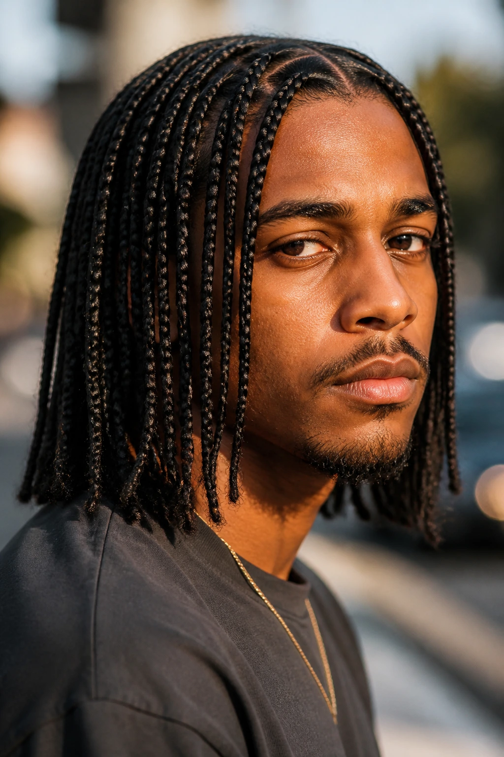 Close-up of a real man with shoulder-length box braids in natural daylight