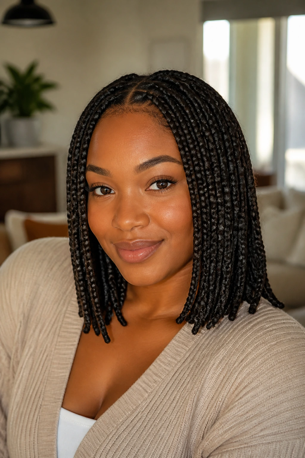 Portrait of a woman with shoulder-length braids in a warmly lit room.