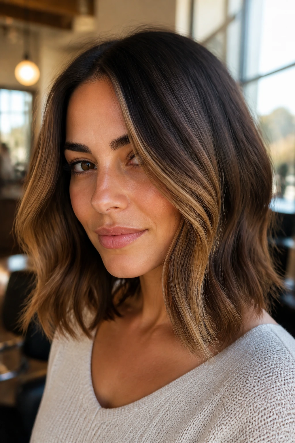 Close-up of shoulder-length brunette hair with subtle face-framing highlights on a real person