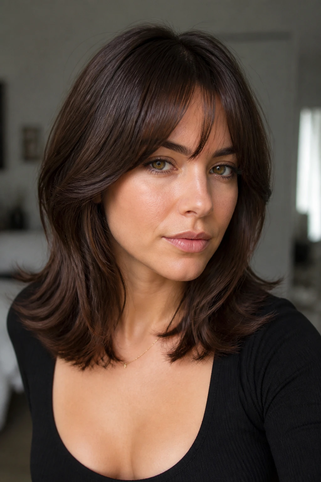 Portrait of a woman with shoulder-length butterfly cut and bottleneck bangs