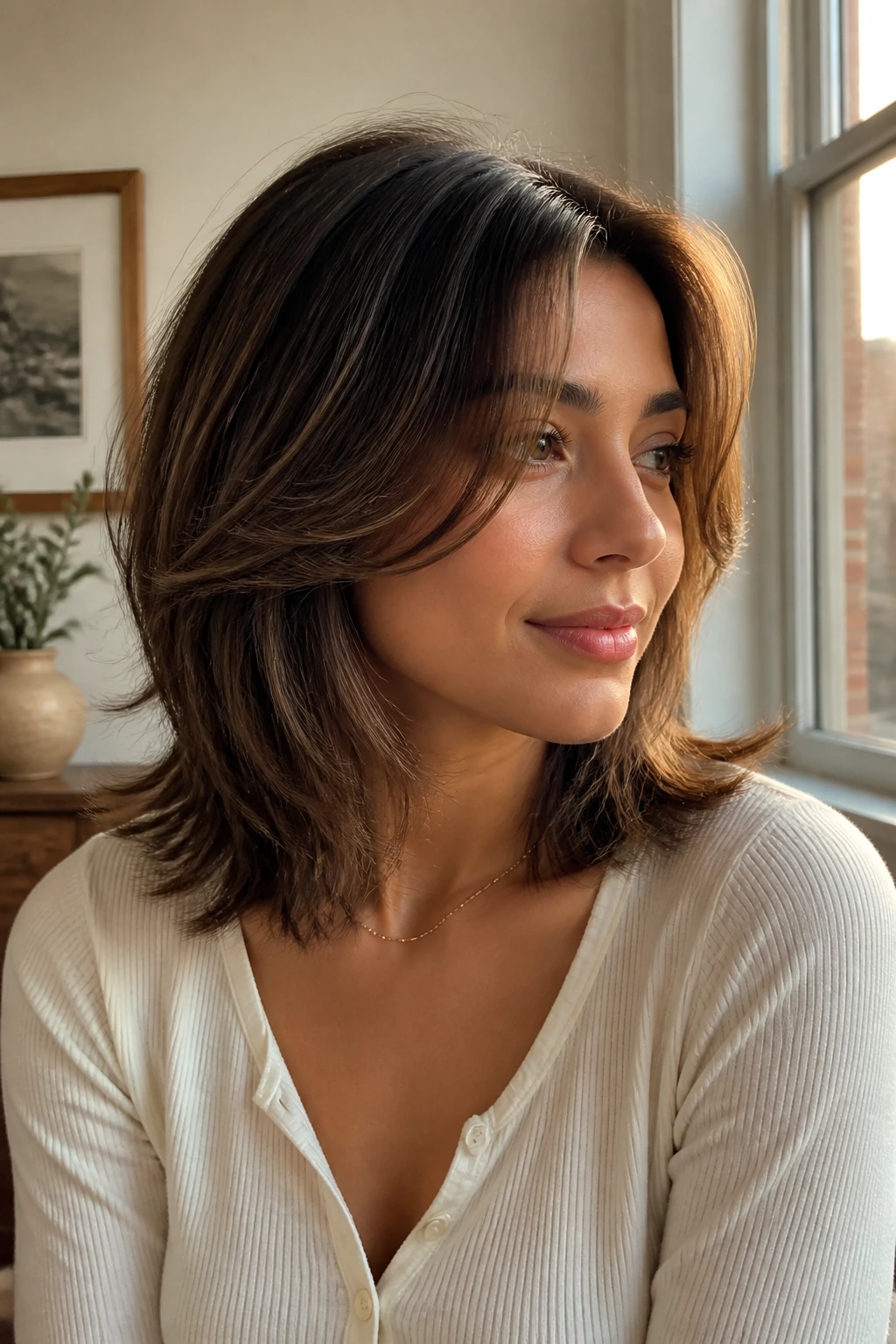 Portrait of woman with shoulder-length butterfly cut showing face-framing layers