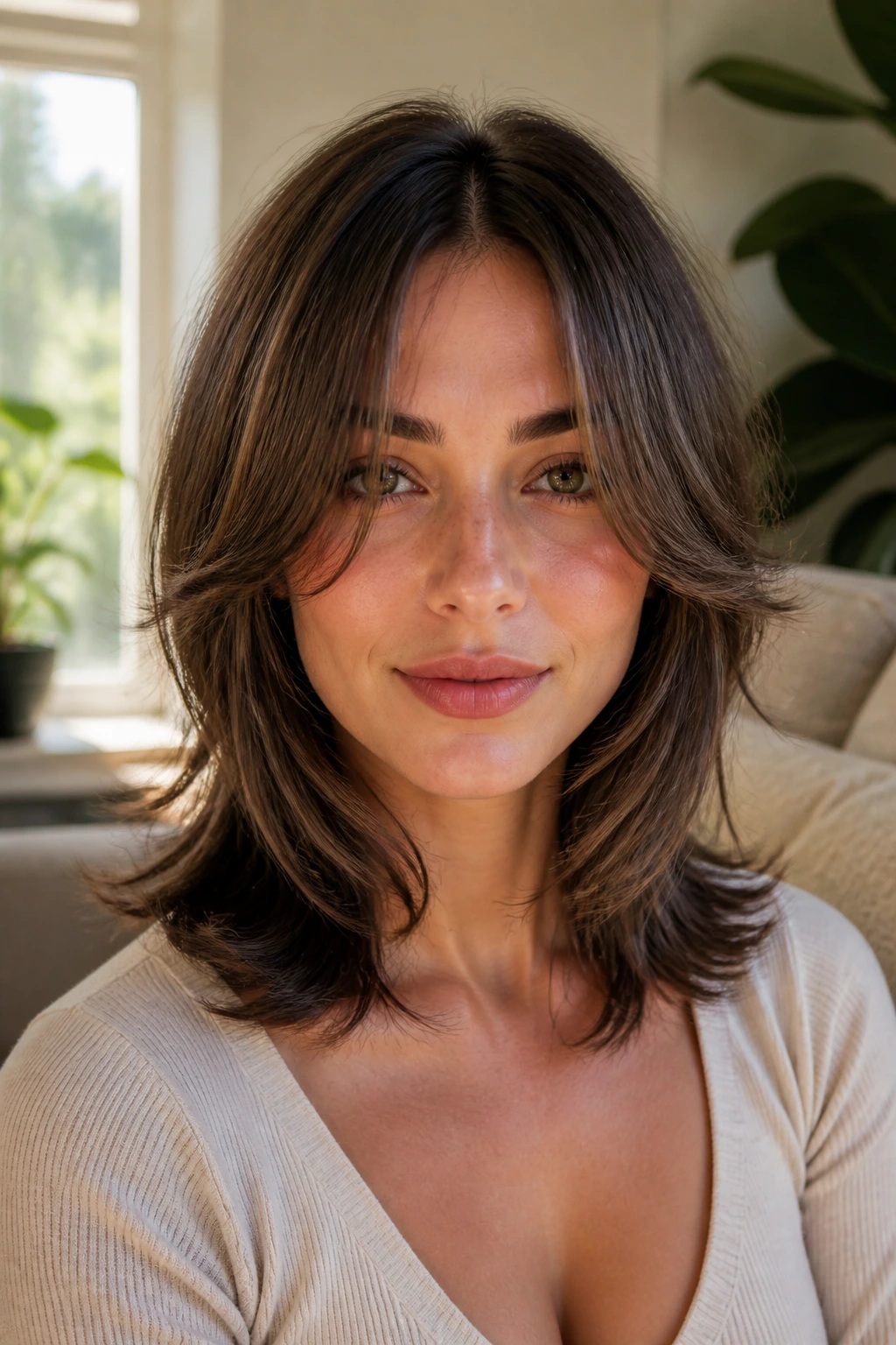 Close-up of a woman with a shoulder-length butterfly haircut showing face-framing pieces and grounded back.