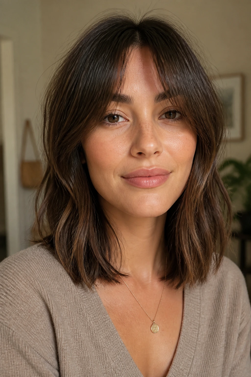 Portrait showing shoulder-length hair with center fringe
