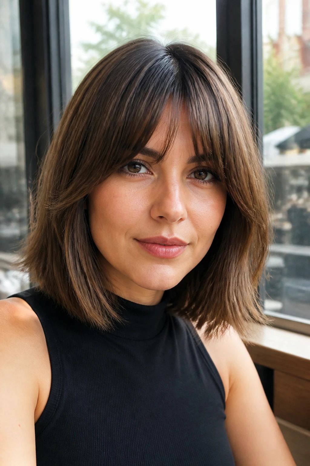 Close-up portrait of a woman with a polished shoulder-length chop and heavy curtain fringe