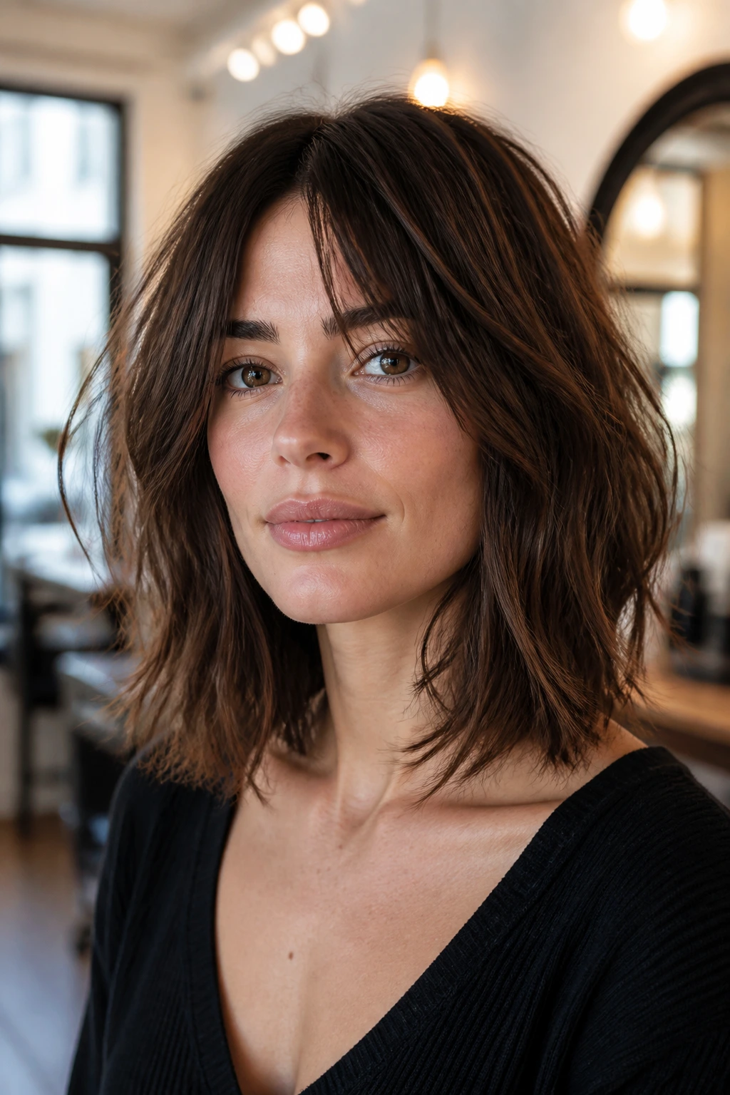 Portrait of a real woman with shoulder-length choppy haircut and movement in the ends