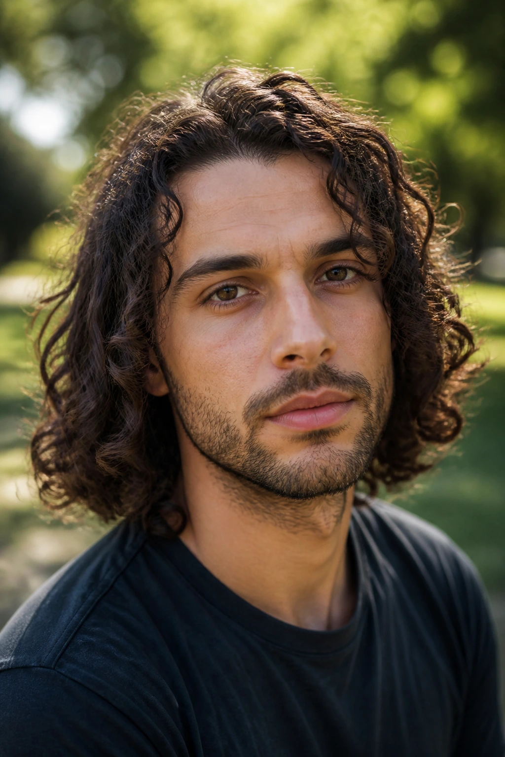 Portrait of a man with shoulder-length curls outdoors