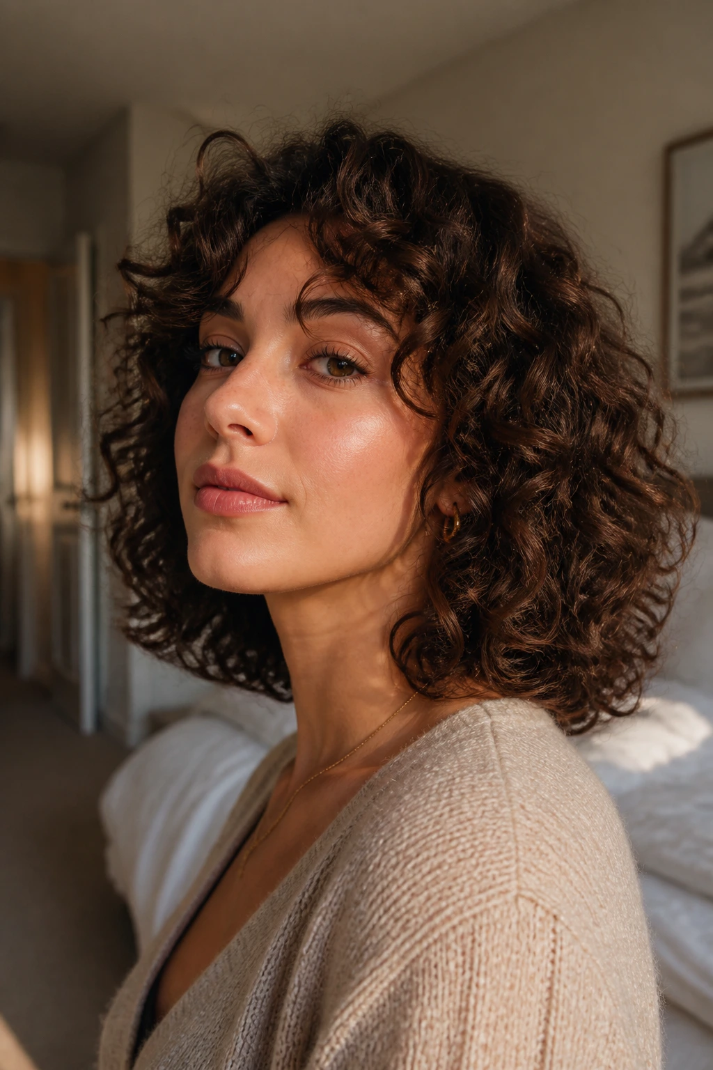 Close-up shoulder-length curly lob with invisible layers on a real person