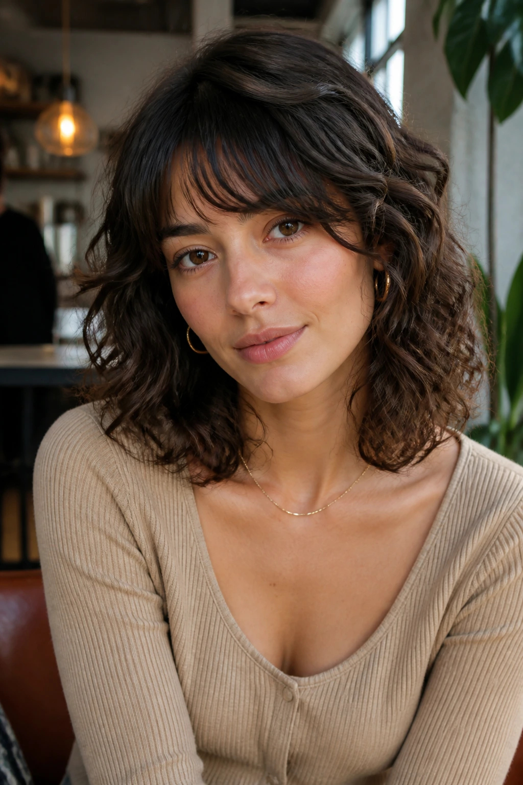 Close-up of a real woman with shoulder-length curls and bottleneck bangs in warm cafe-like setting