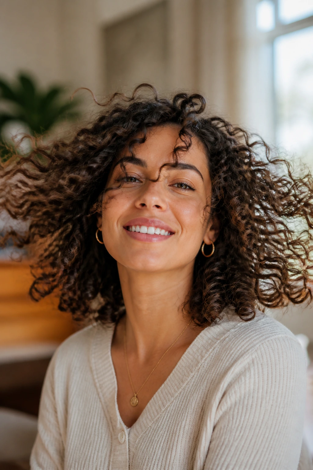 Portrait of shoulder-length curls bouncing mid-motion