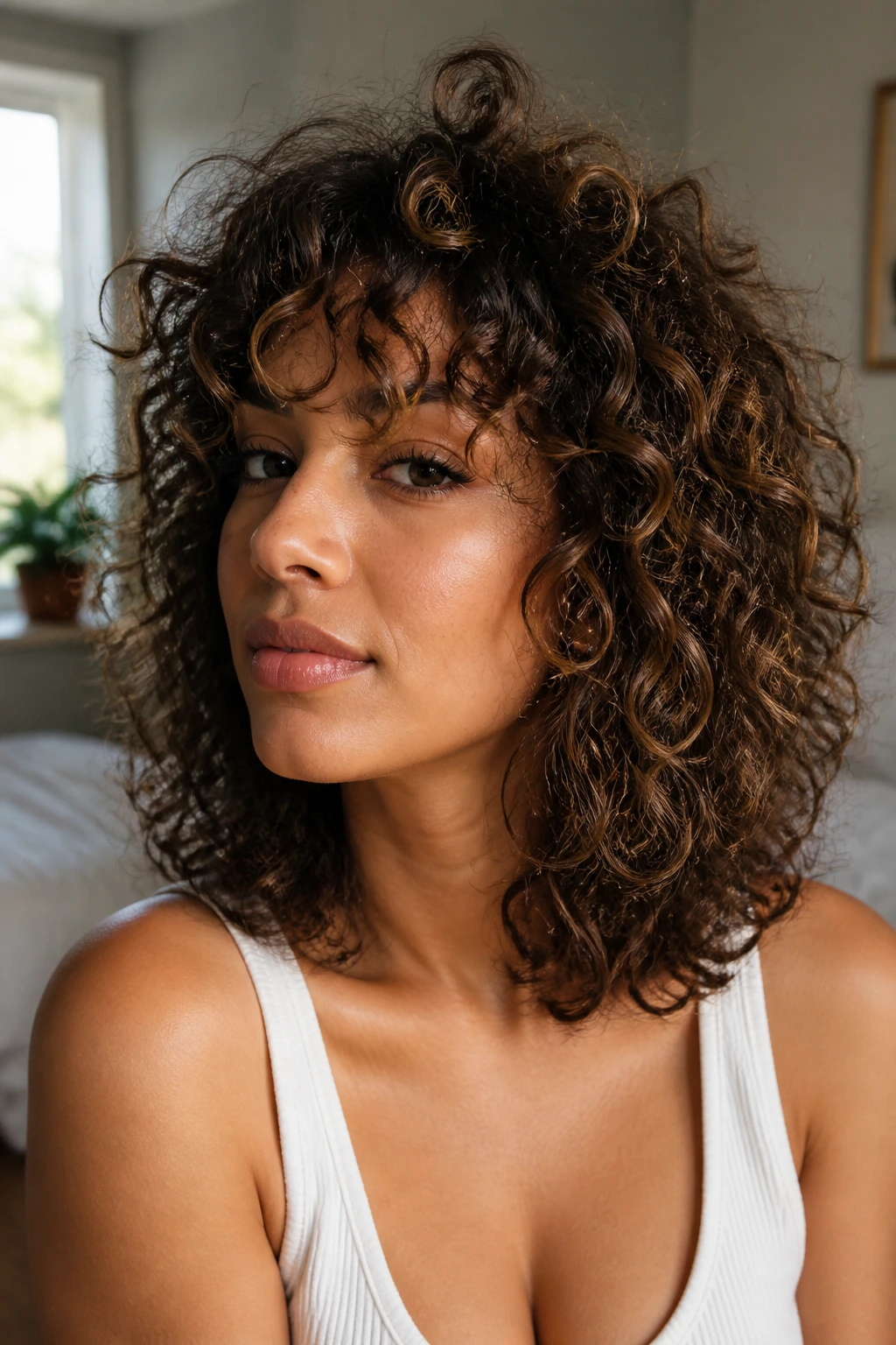 Close-up of a real woman with shoulder-length curly hair showing bounce in a cozy bedroom.